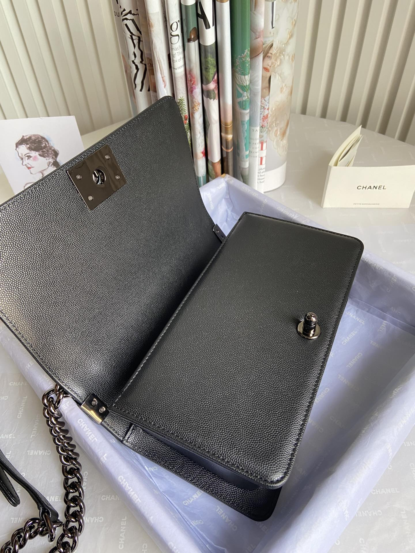 boy Ch*el handbag shiny grained calfskin black 5.9 × 9.8 × 3.5 in