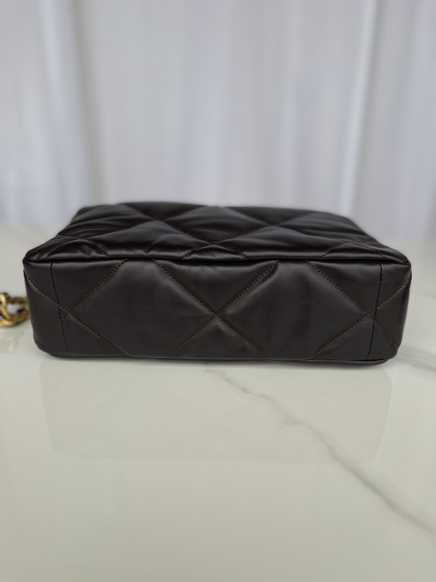 Ch*el 19 large handbag shiny leather, gold-tone, silver-tone & ruthenium-finish metal black 7.8 × 11.7 × 3.9 in