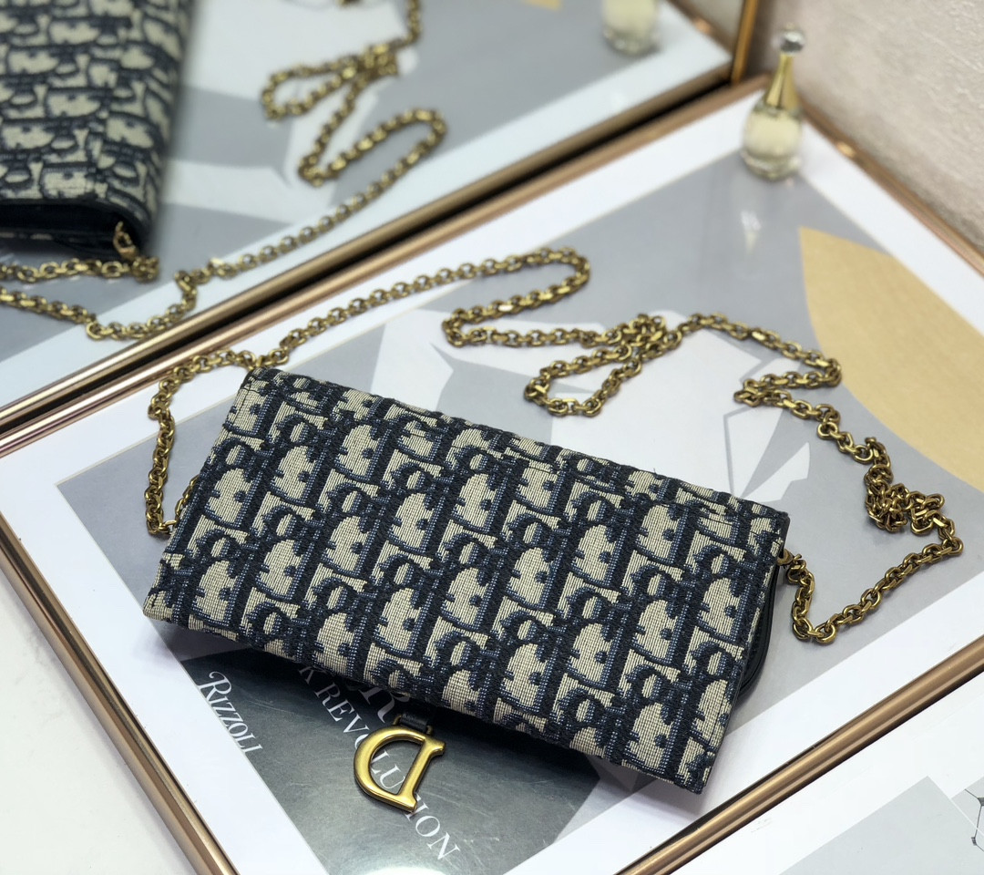 D*or saddle pouch with chain blue D*or oblique jacquard 8.5 x 5 x 1.5 inches