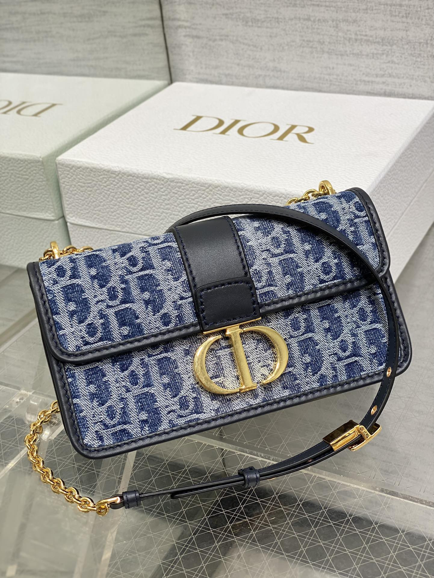 D*or 30 montaigne east-west bag with chain blue denim D*or oblique jacquard 21 x 12 x 6 cm