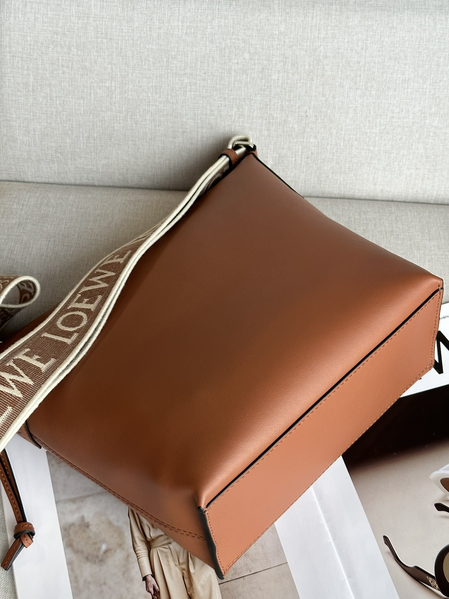 l0ew* small cubi crossbody bag in S*pple smooth calfskin and jacquard 29.5x10.5x22cm